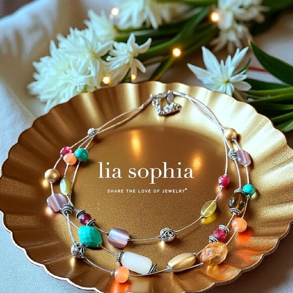 LIA SOPHIA Triple Strand Colorful Stone And Silver Necklace EVENT READY! - Picture 1 of 8